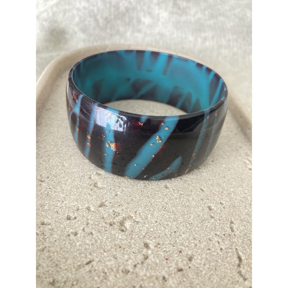 Wide Acrylic Bangle Bracelet Black Turquoise Colored Zebra Stripe‎ 80's Style